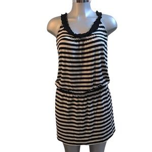 Nautical Mini Dress Blouson Elastic Waist Blue/White Casual Coastal Athleisure S